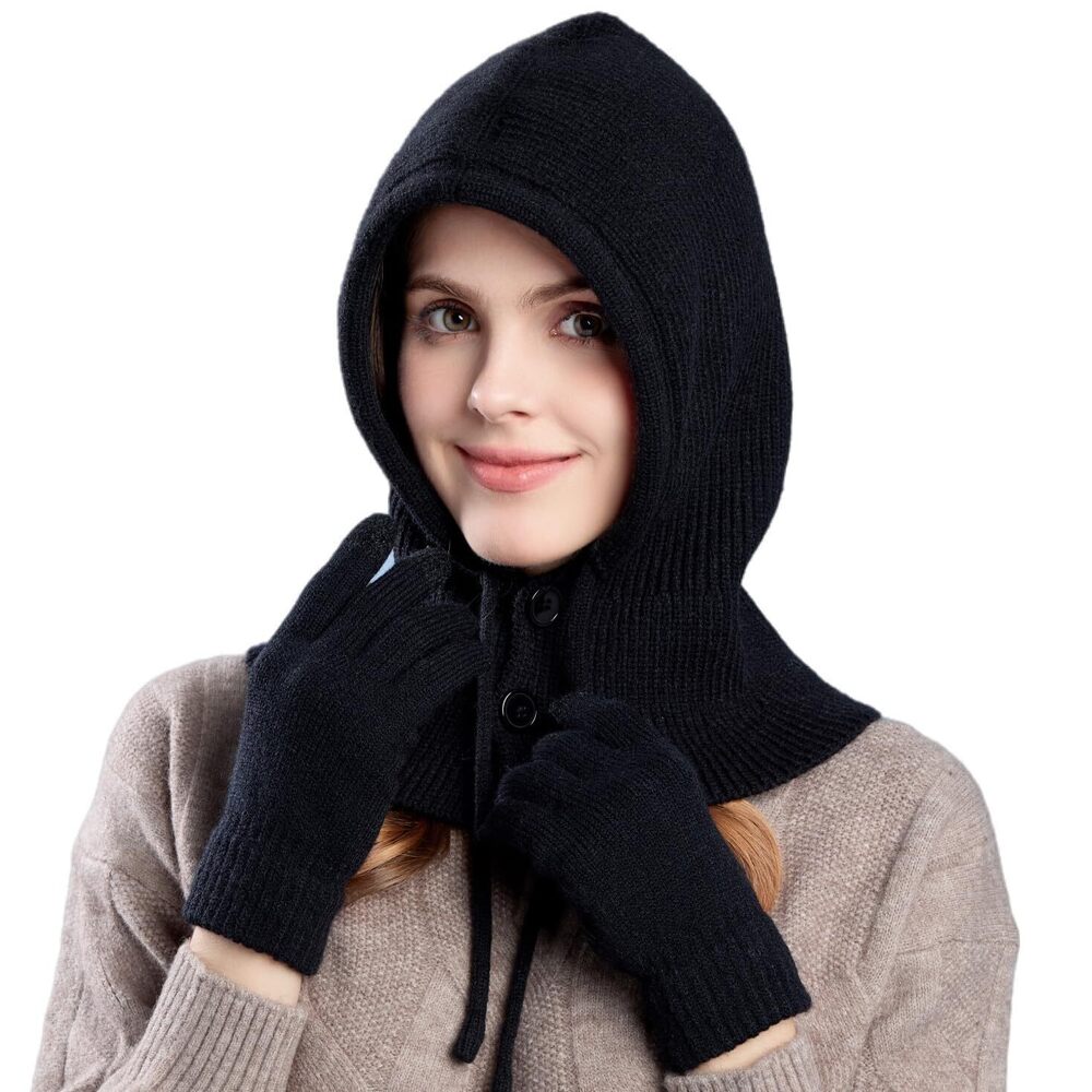 6012 Winter Beanie Hats Warm Hooded Scarf Hat Balaclava Neck Gaiters Knit